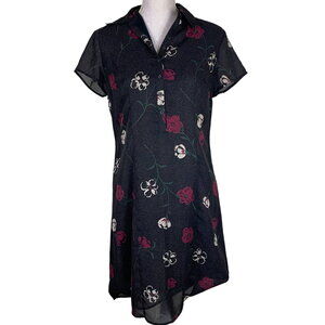 Vintage 90s Shirt Dress S Black Floral Merona Button Front A-Line